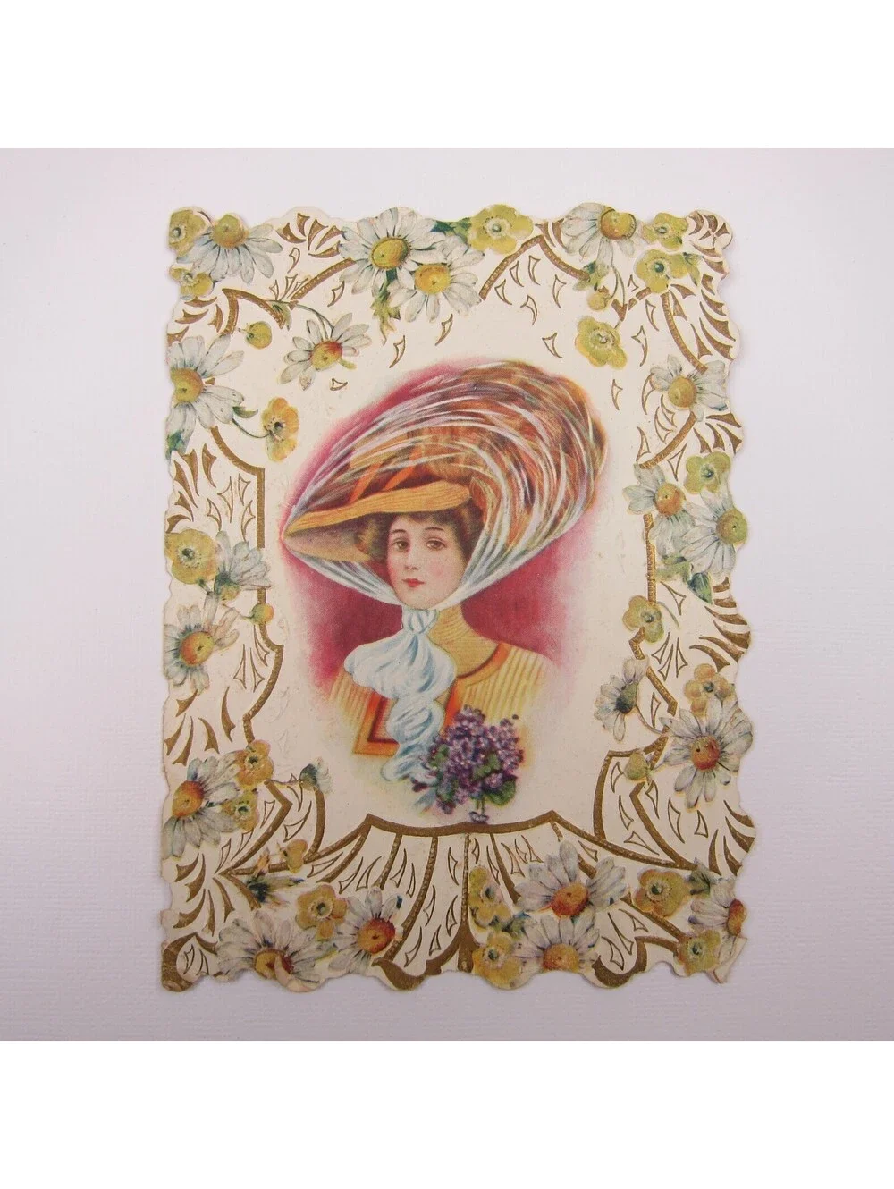 Vintage Valentine Card 1910s Woman Straw Hat Feather Scarf Flower Die cut Bifold